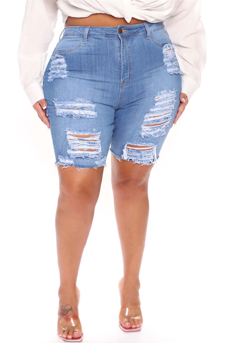 Light Blue Fashion Casual Solid Ripped Regular High Waist Conventional Solid Color Plus Size Denim Shorts-CuChic
