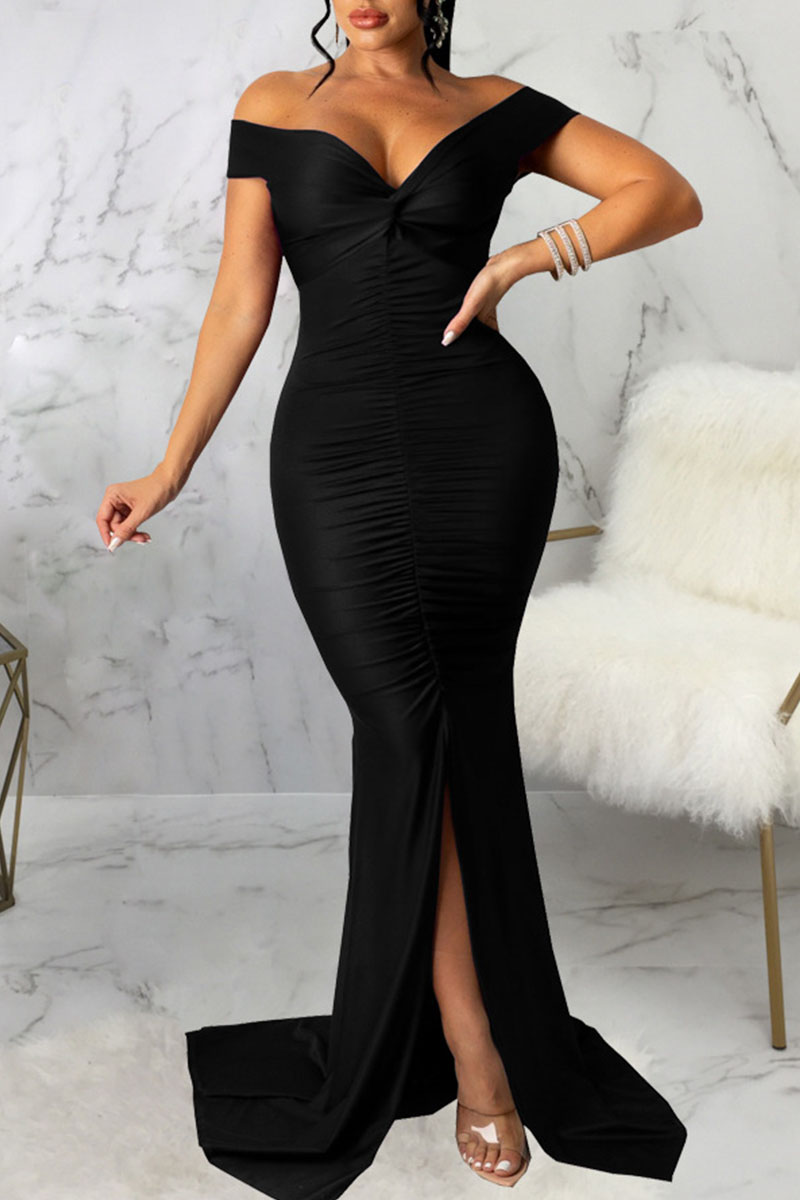 Black Sexy Elegant Solid Split Joint Slit Fold V Neck Straight Dresses-CuChic