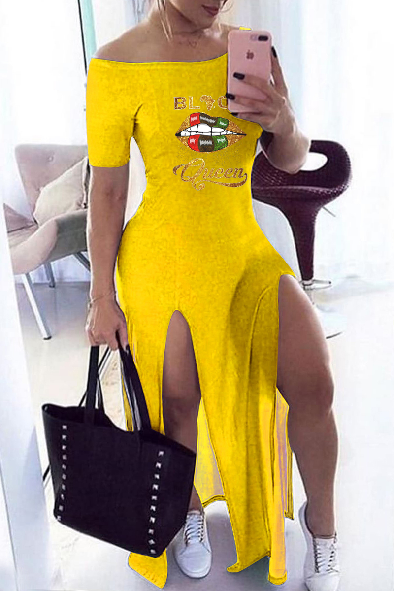 Golden Yellow Fashion Casual Print Slit Off the Shoulder Short Sleeve Dress Dresses-CuChic