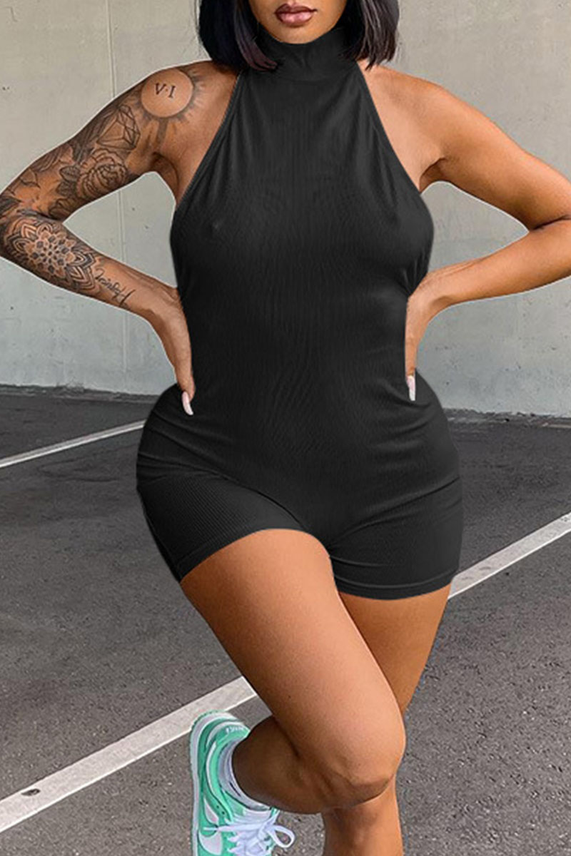 Black Sexy Solid Split Joint Backless Halter Regular Jumpsuits-CuChic