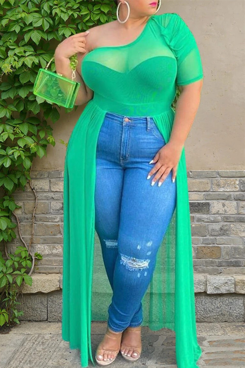 Green Sexy Plus Size Single Sleeve Irregular Top-CuChic