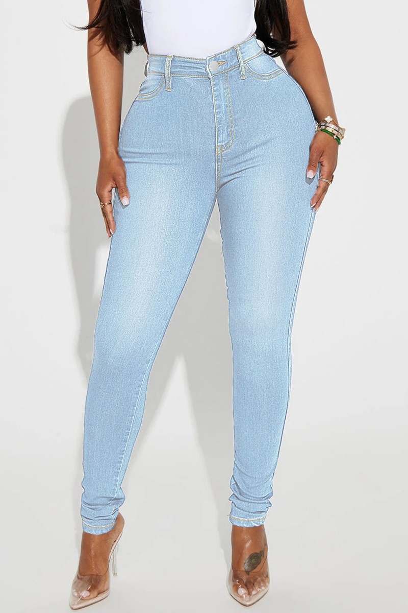 Light Blue Casual Solid High Waist Skinny Denim Jeans-CuChic