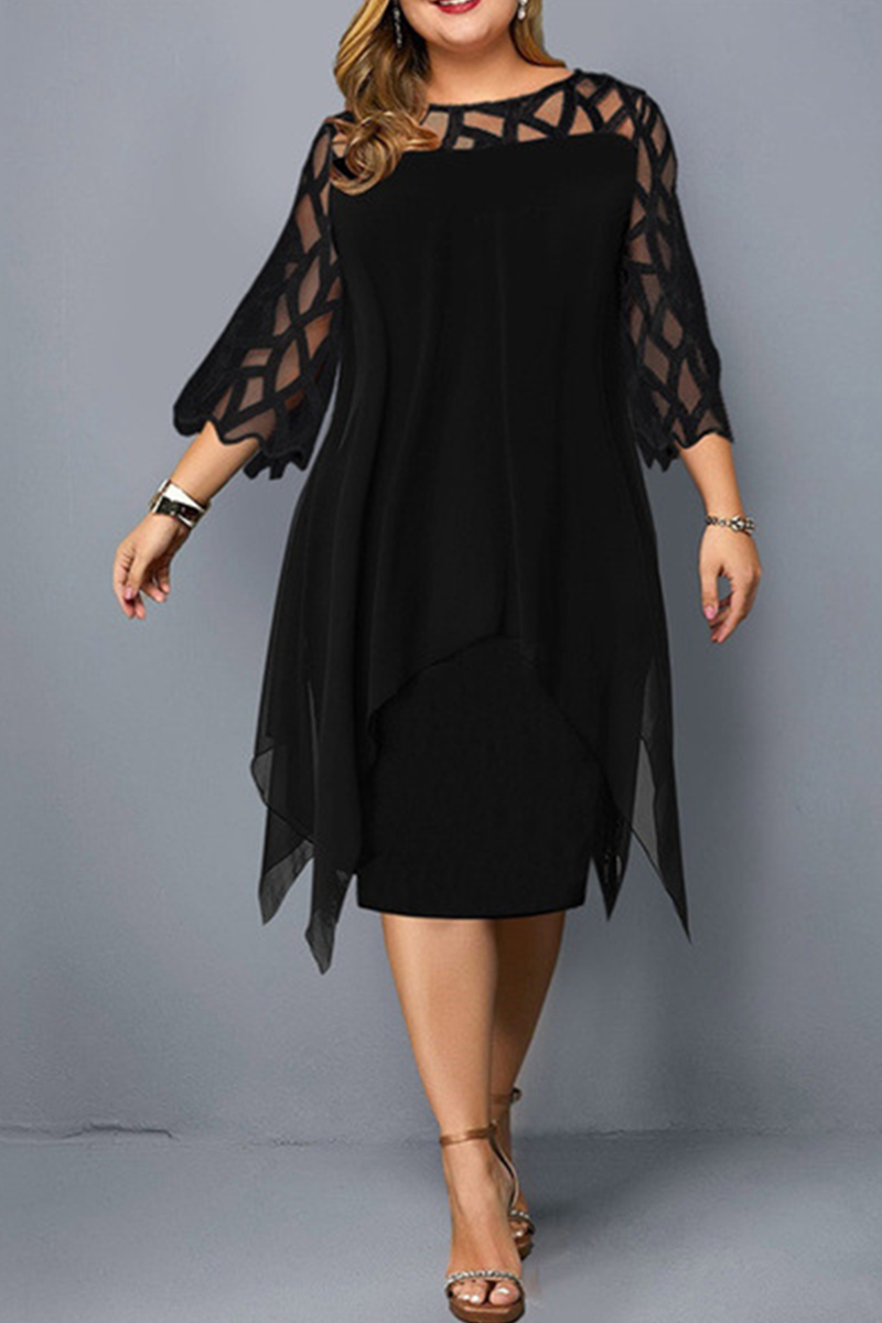 Black Casual Solid Lace O Neck Straight Plus Size Dresses-CuChic