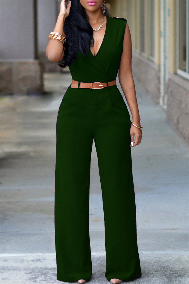 Ink Green Fashion Casual Solid Patchwork With Belt V Neck Regular Jumpsuits-CuChic