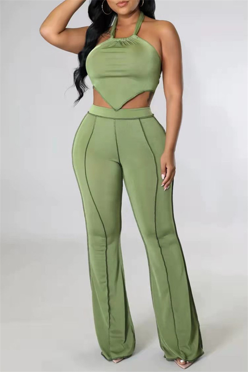 Fruit Green Sexy Casual Solid Bandage Backless Halter Sleeveless Two Pieces-CuChic