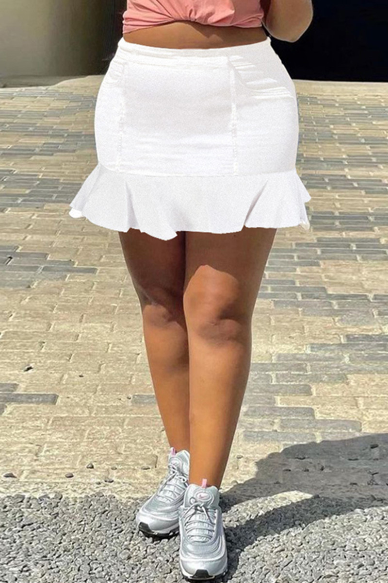 White Fashion Casual Solid Basic High Waist Regular Denim Skirts-CuChic