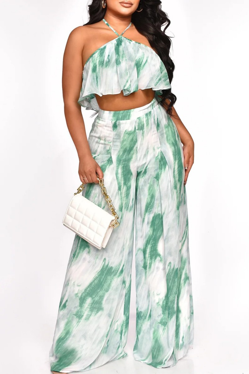 Green Sexy Casual Print Bandage Backless Halter Sleeveless Two Pieces-CuChic