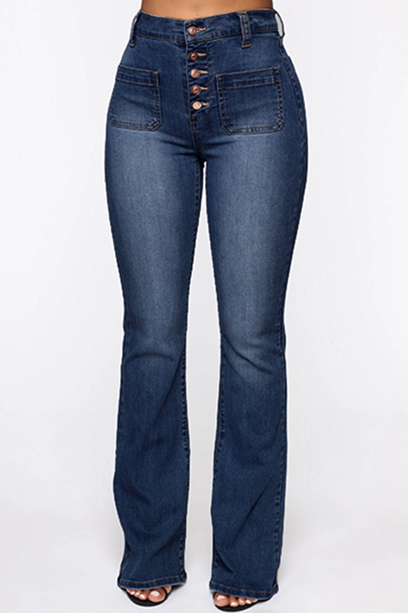 Dark Blue Fashion Casual Solid Split Joint High Waist Regular Denim Jeans-CuChic