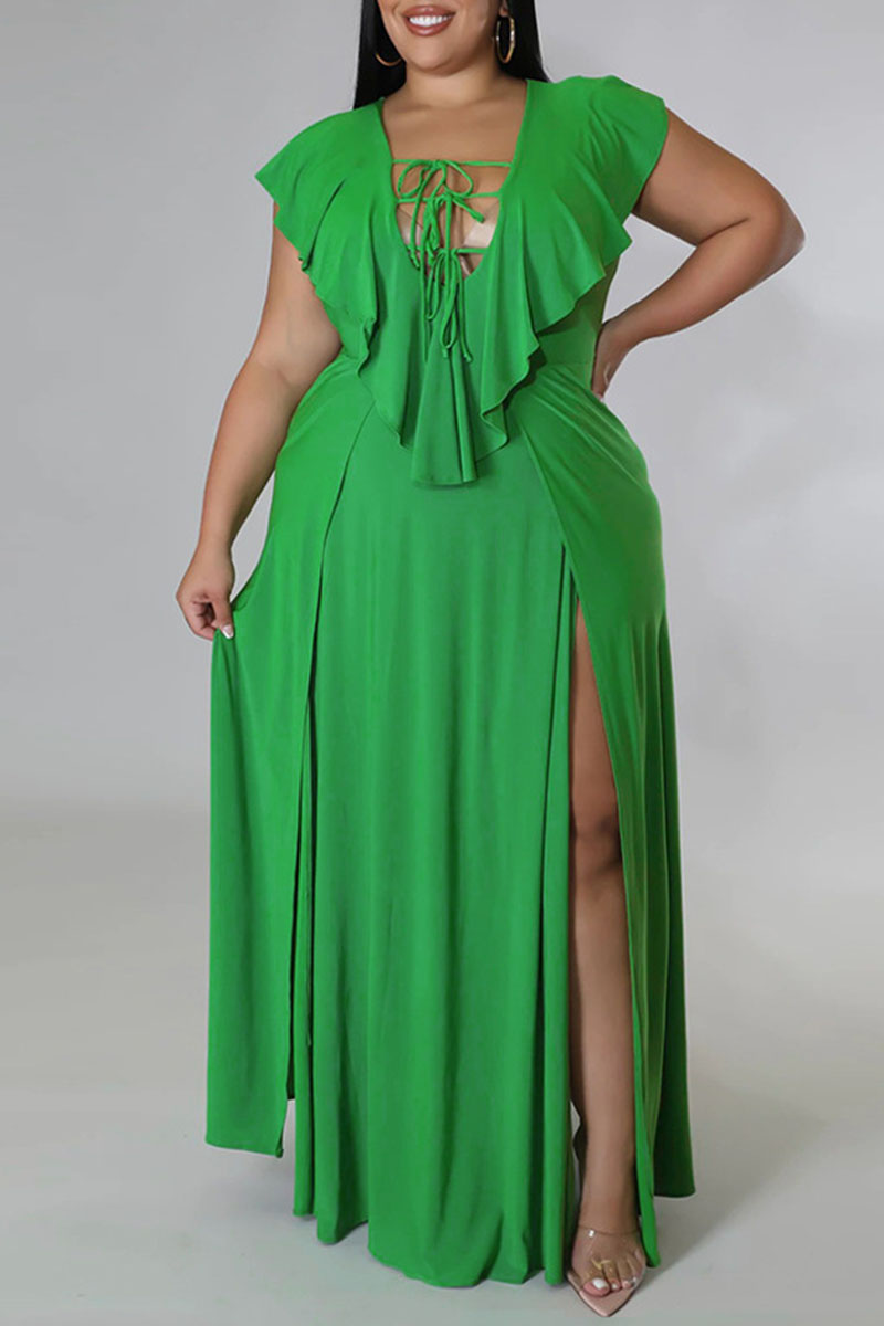 Green Sexy Solid Bandage Patchwork Flounce Slit V Neck Straight Plus Size Dresses-CuChic