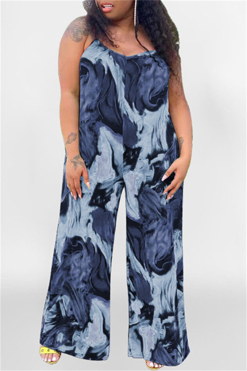 Blue Sexy Casual Print Backless Spaghetti Strap Plus Size Jumpsuits-CuChic