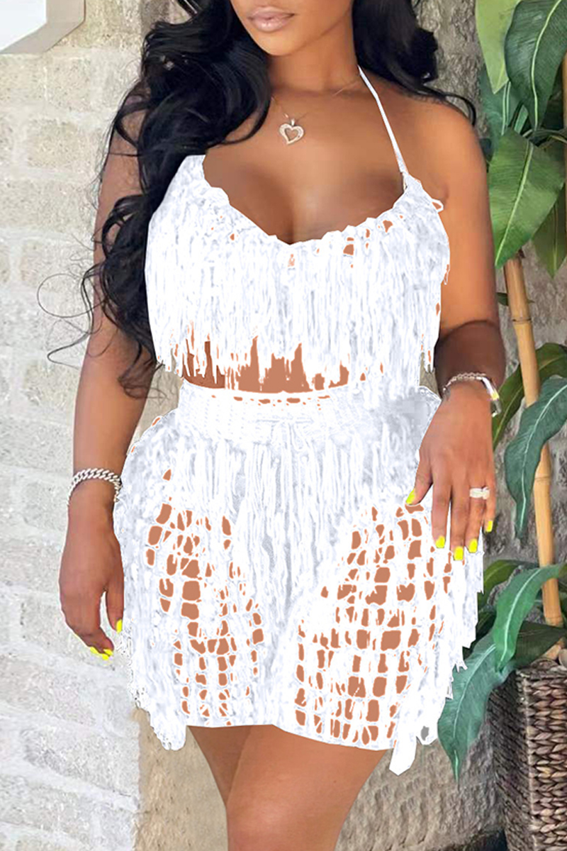 White Sexy Solid Tassel Bandage Hollowed Out Backless Spaghetti Strap Sleeveless Two Pieces-CuChic