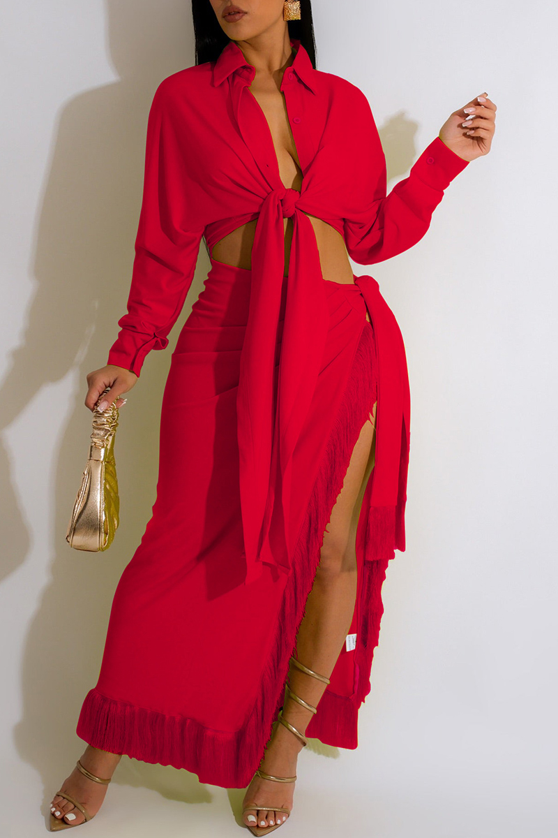 Red Casual Solid Frenulum Slit Turndown Collar Long Sleeve Two Pieces-CuChic