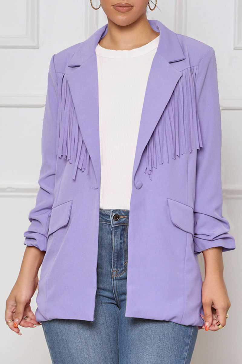 Purple Casual Solid Tassel Patchwork Buttons Turn-back Collar Outerwear-CuChic