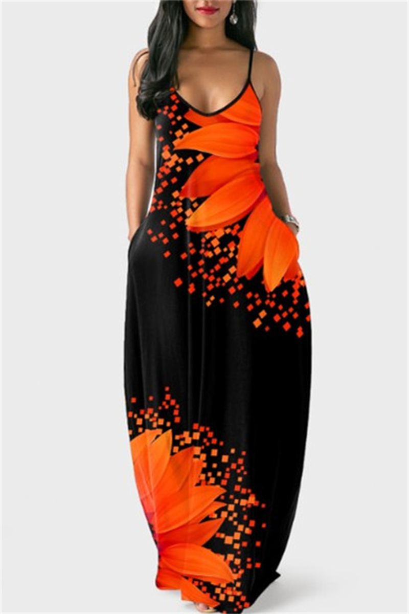 Orange Fashion Sexy Print Backless Spaghetti Strap Long Dress-CuChic