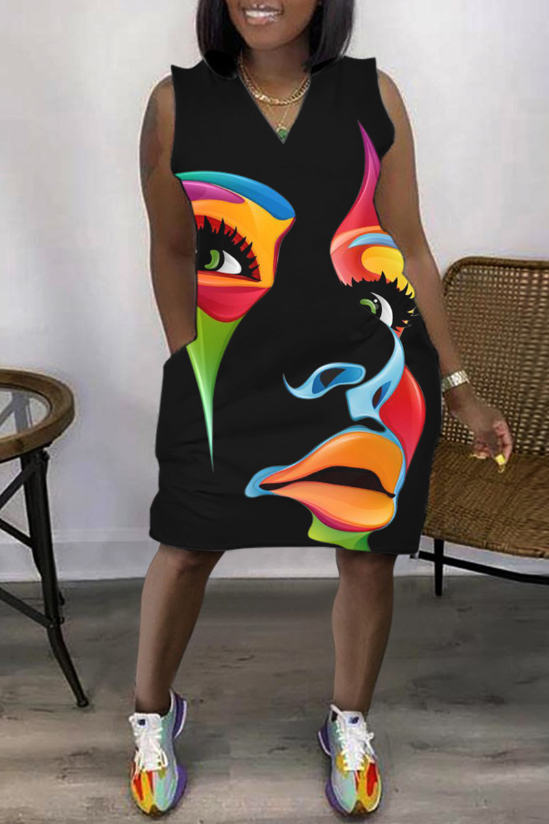 Black Fashion Casual Print Patchwork V Neck Sleeveless Plus Size Dress-CuChic