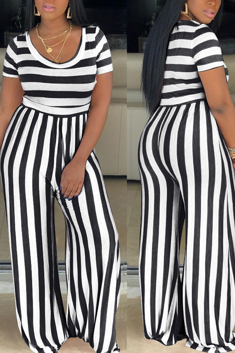 Black Casual Striped Print Split Joint O Neck Straight Jumpsuits-CuChic