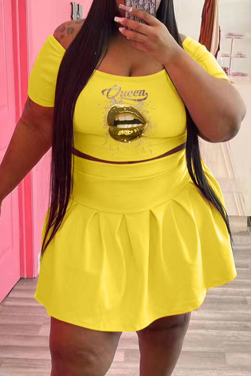 Yellow Fashion Casual Lips Printed Basic O Neck Short Sleeve Two Pieces-CuChic