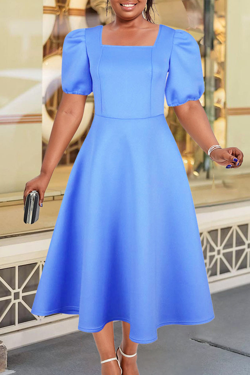 Light Blue Elegant Solid Patchwork Square Collar Evening Dress Dresses-CuChic