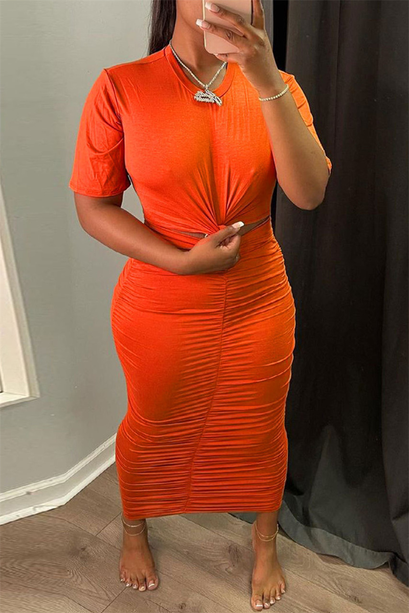 Orange Fashion Sexy Solid Hollowed Out Fold O Neck Short Sleeve Dress-CuChic