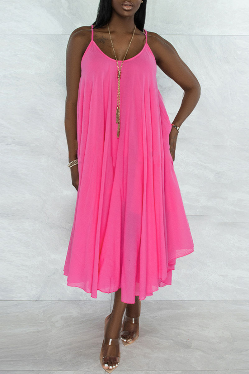 Rose Red Sweet Elegant Solid Split Joint Fold Asymmetrical Spaghetti Strap Sling Dress Dresses-CuChic