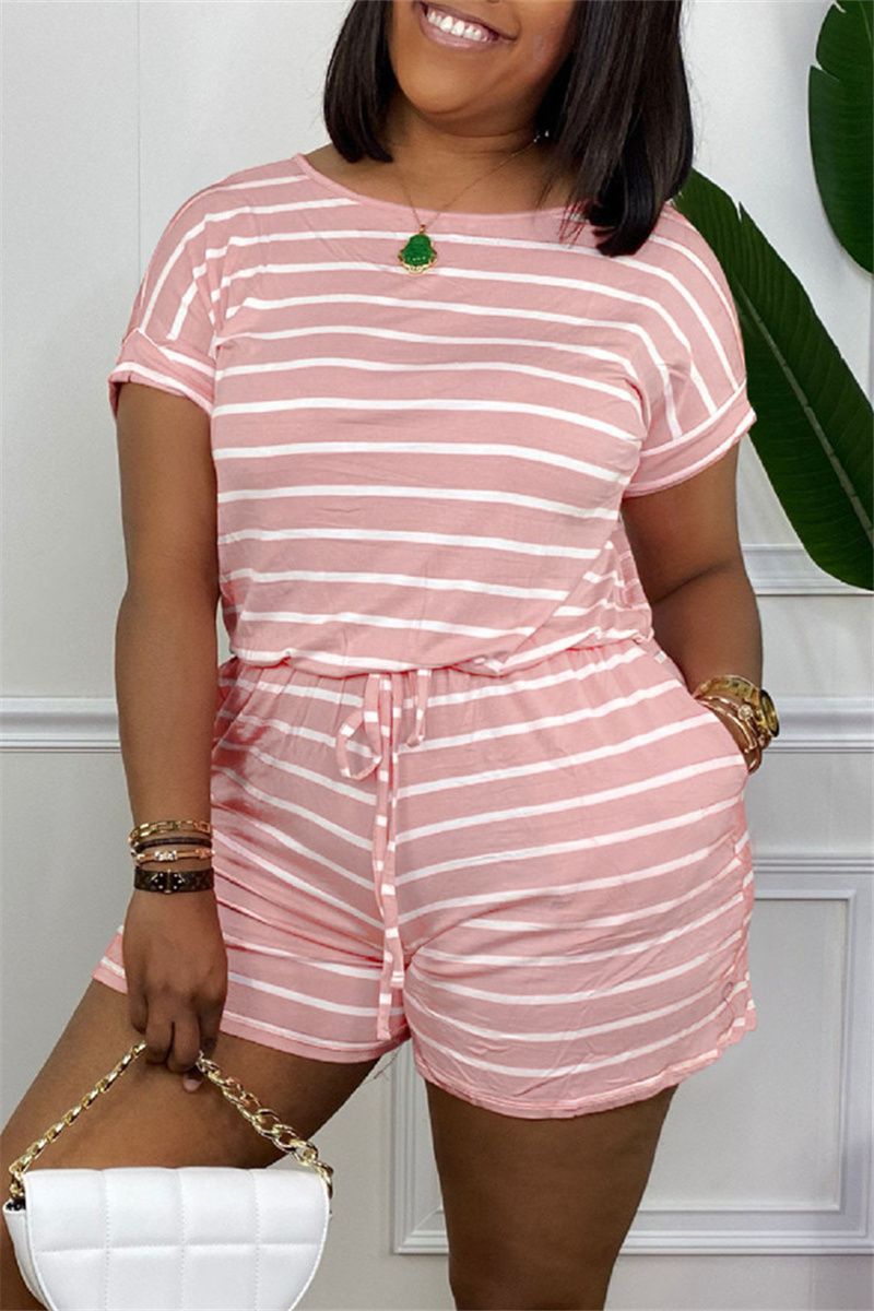 Pink Fashion Casual Striped Print Basic O Neck Regular Jumpsuits-CuChic