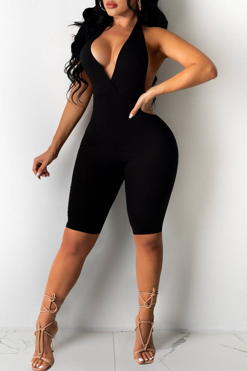 Black Sexy Casual Solid Backless Halter Skinny Romper-CuChic