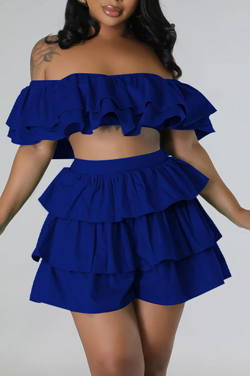 Blue Sexy Street Solid Patchwork Flounce Off the Shoulder Short Sleeve Two Pieces-CuChic