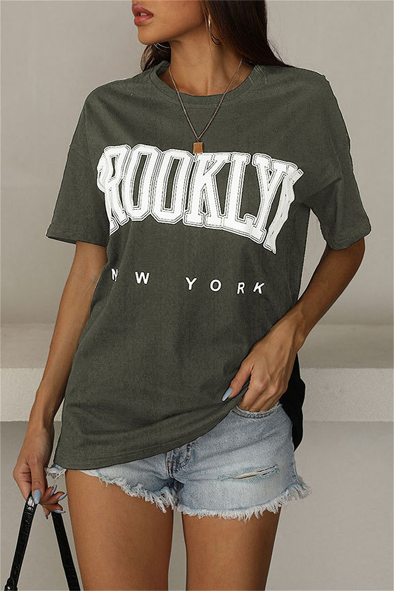 Army Green Fashion Casual Letter Print Basic O Neck T-Shirts-CuChic