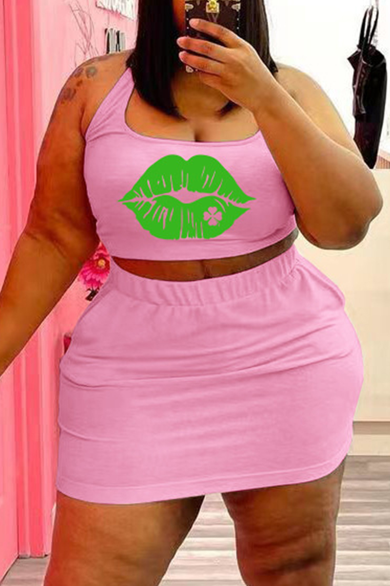 Pink Sexy Casual Lips Printed Backless U Neck Plus Size Two Pieces-CuChic