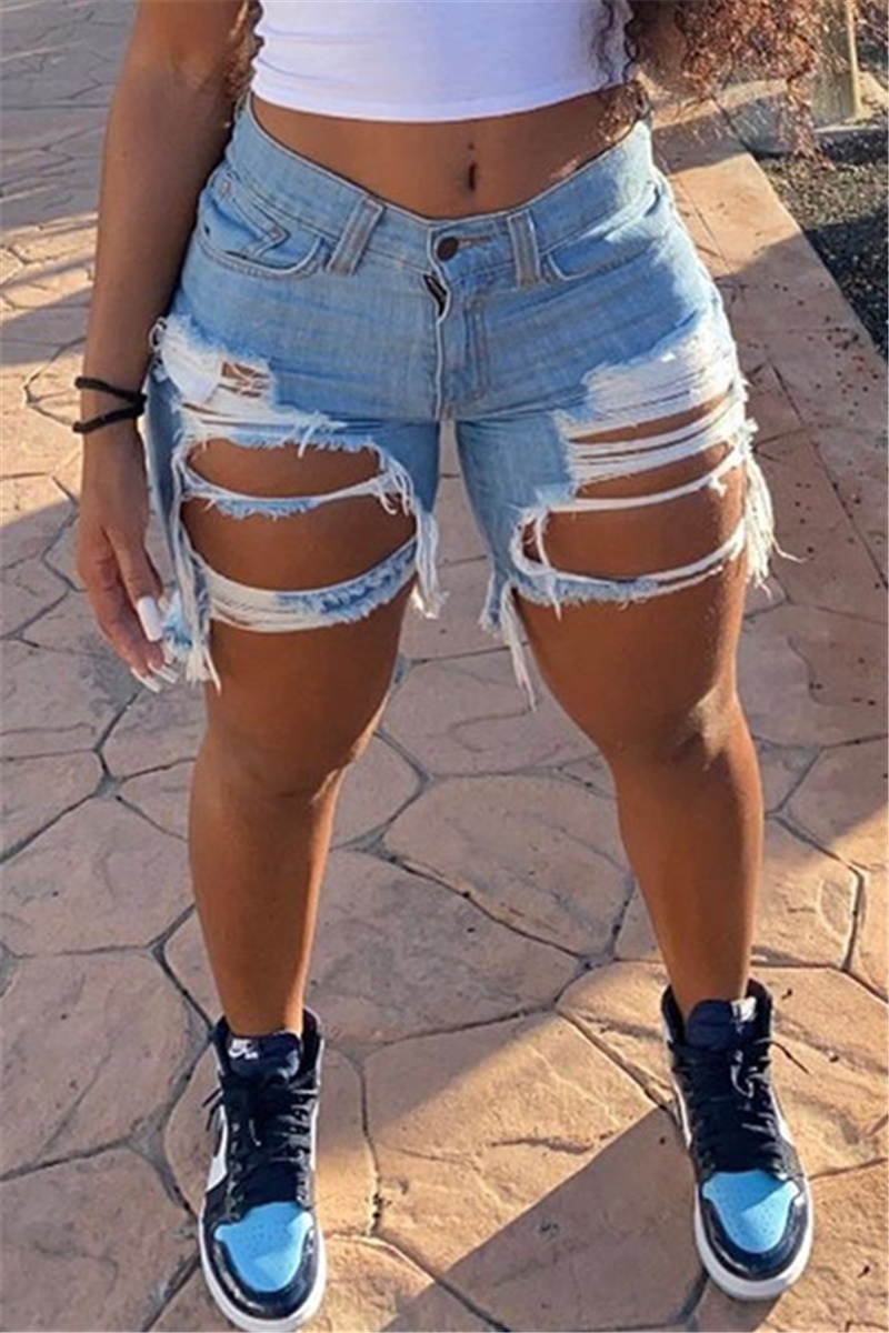 Baby Blue Fashion Casual Sweet Solid Ripped Split Joint Regular Mid Waist Conventional Solid Color Plus Size Denim Shorts-CuChic