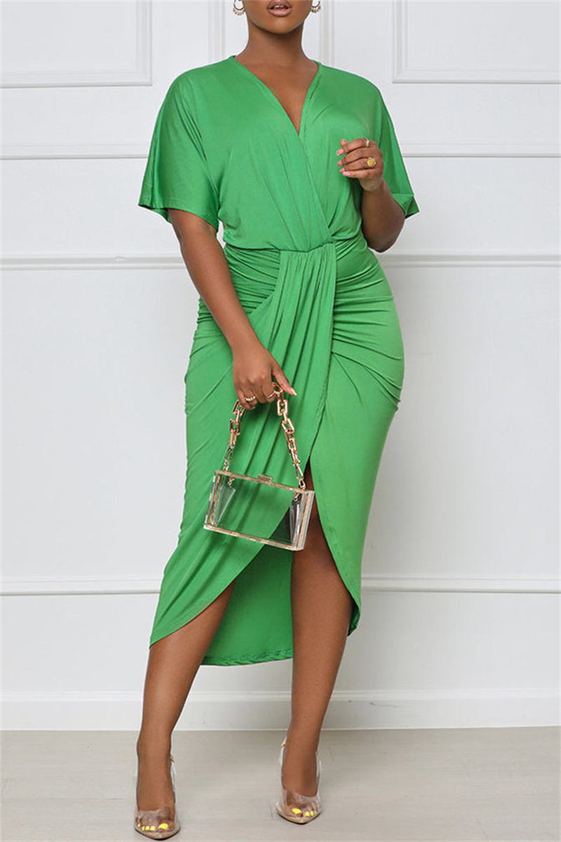 Green Fashion Casual Solid Split Joint V Neck Short Sleeve Dress-CuChic