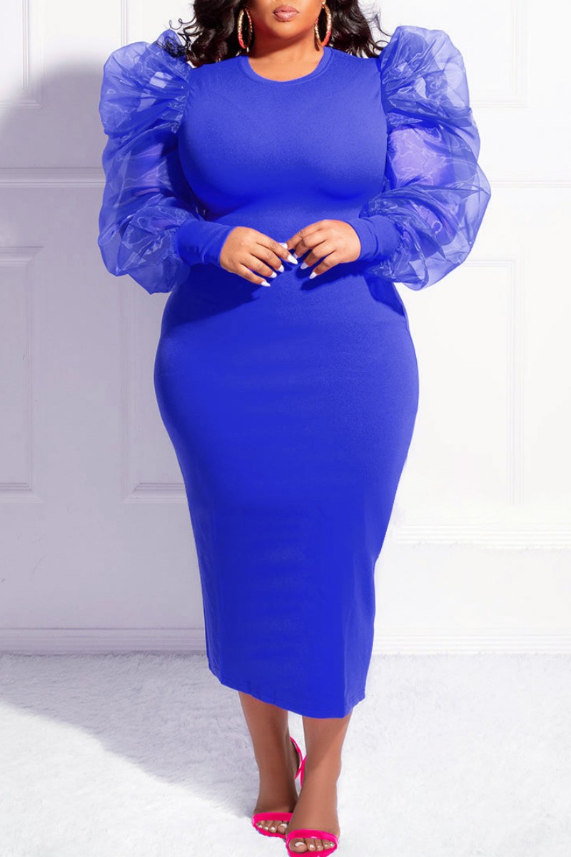 Blue Casual Solid Patchwork O Neck Long Sleeve Plus Size Dresses-CuChic