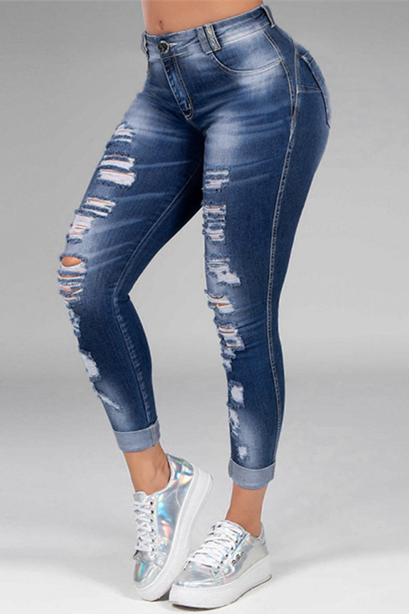 Dark Blue Fashion Casual Solid Ripped Mid Waist Skinny Denim Jeans-CuChic