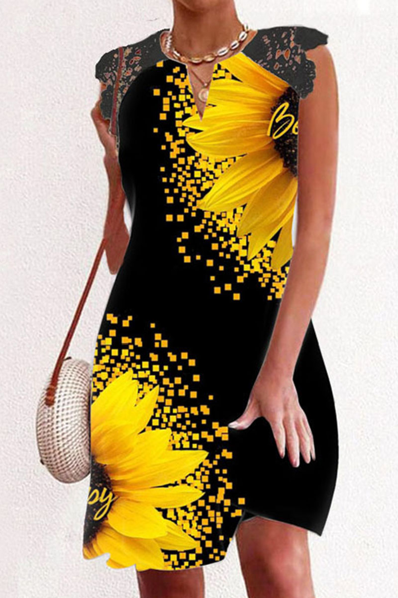 Black Yellow Casual Print Split Joint V Neck A Line Dresses-CuChic