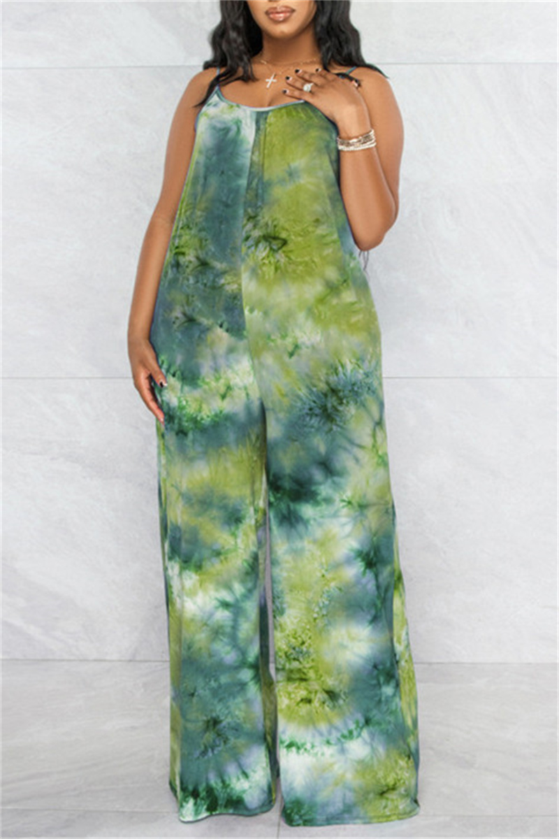 Green Fashion Casual Print Tie-dye Backless Spaghetti Strap Plus Size Jumpsuits-CuChic