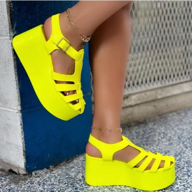 Fluorescent Yellow Casual Hollowed Out Patchwork Solid Color Round Mesh Breathable Comfortable Wedges Shoes (Heel Height 2.76in)-CuChic