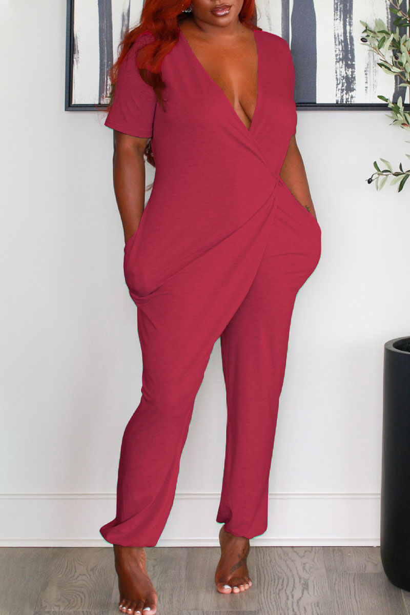 Rose Red Casual Solid Patchwork V Neck Straight Jumpsuits-CuChic