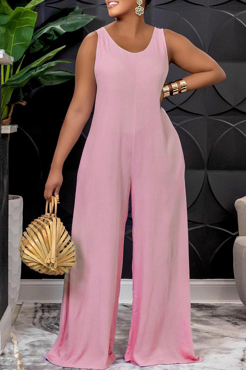 Pink Casual Solid Split Joint Frenulum Backless O Neck Straight Jumpsuits-CuChic