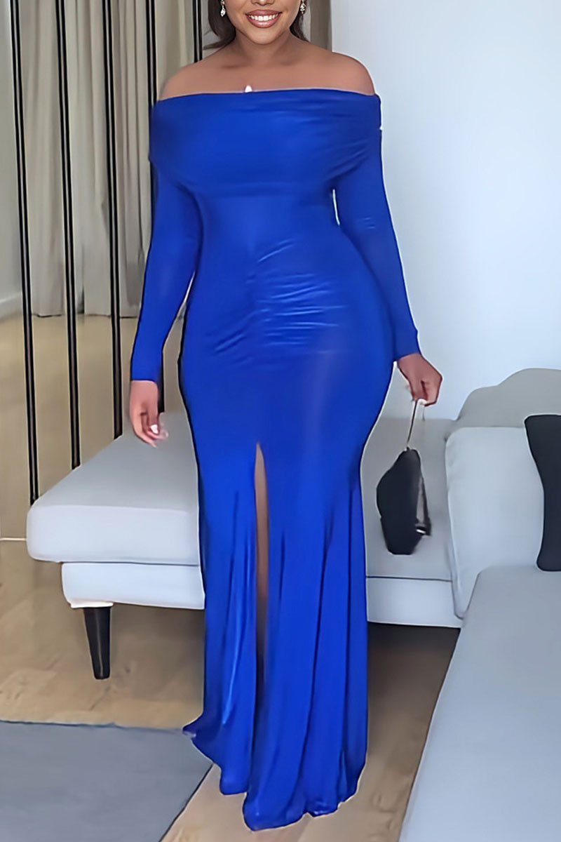 Blue Elegant Solid Split Joint Slit Off the Shoulder Evening Dress Dresses-CuChic