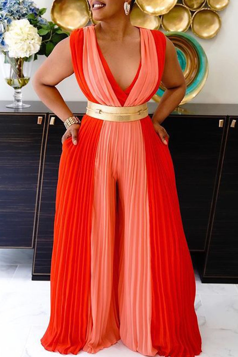 Red Casual Solid Patchwork V Neck Plus Size Jumpsuits-CuChic