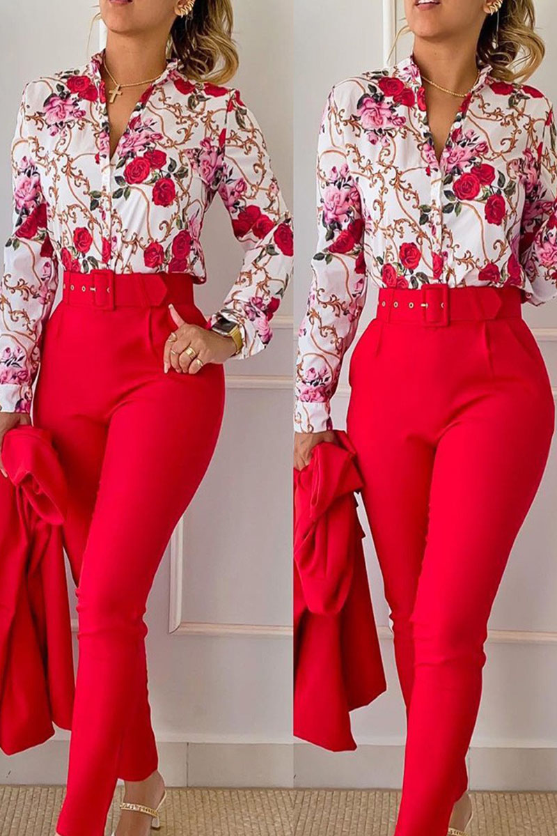 Red Casual Print Patchwork Buckle With Belt Turndown Collar Long Sleeve Two Pieces(Without Coat)-CuChic