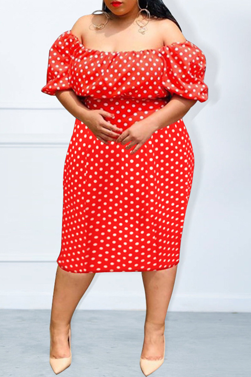 Red Fashion Casual Plus Size Dot Print Backless Off the Shoulder Short Sleeve Dress-CuChic