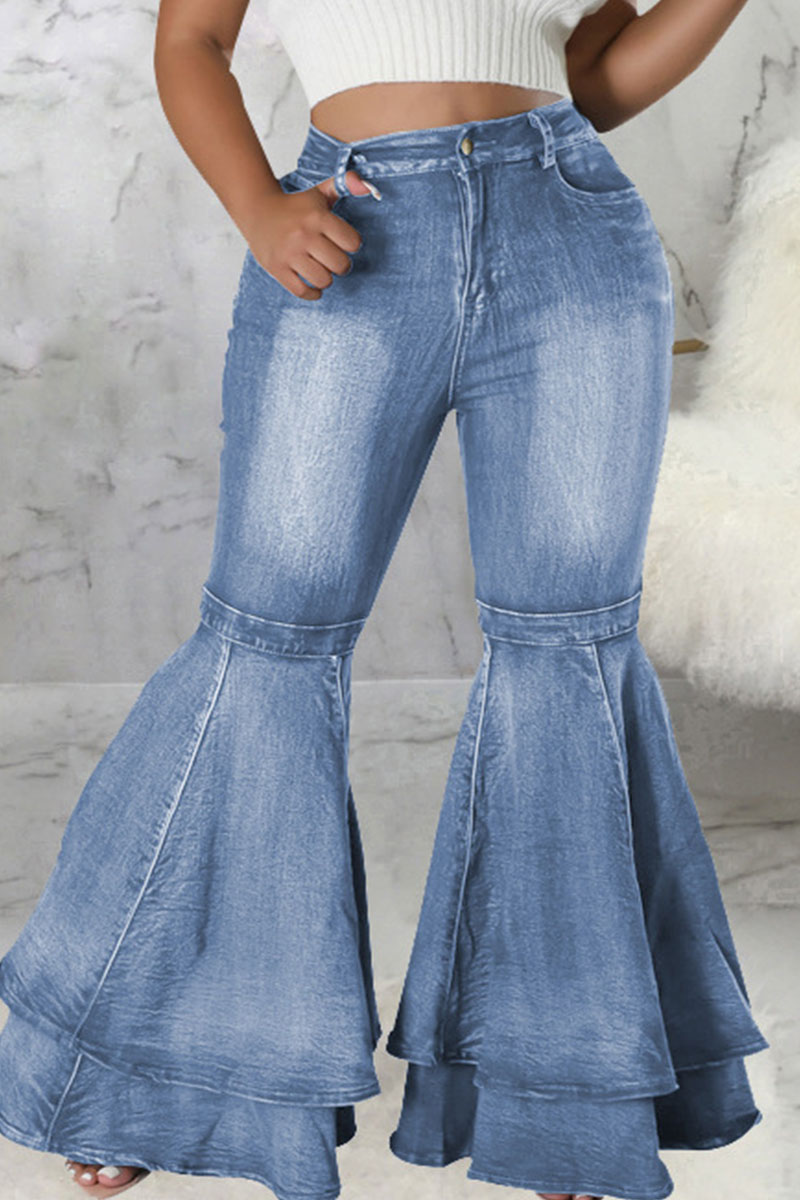 Light Blue Street Solid Patchwork Plus Size Jeans-CuChic