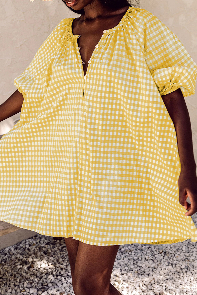 Yellow Casual Plaid Patchwork V Neck Cake Skirt Dresses-CuChic