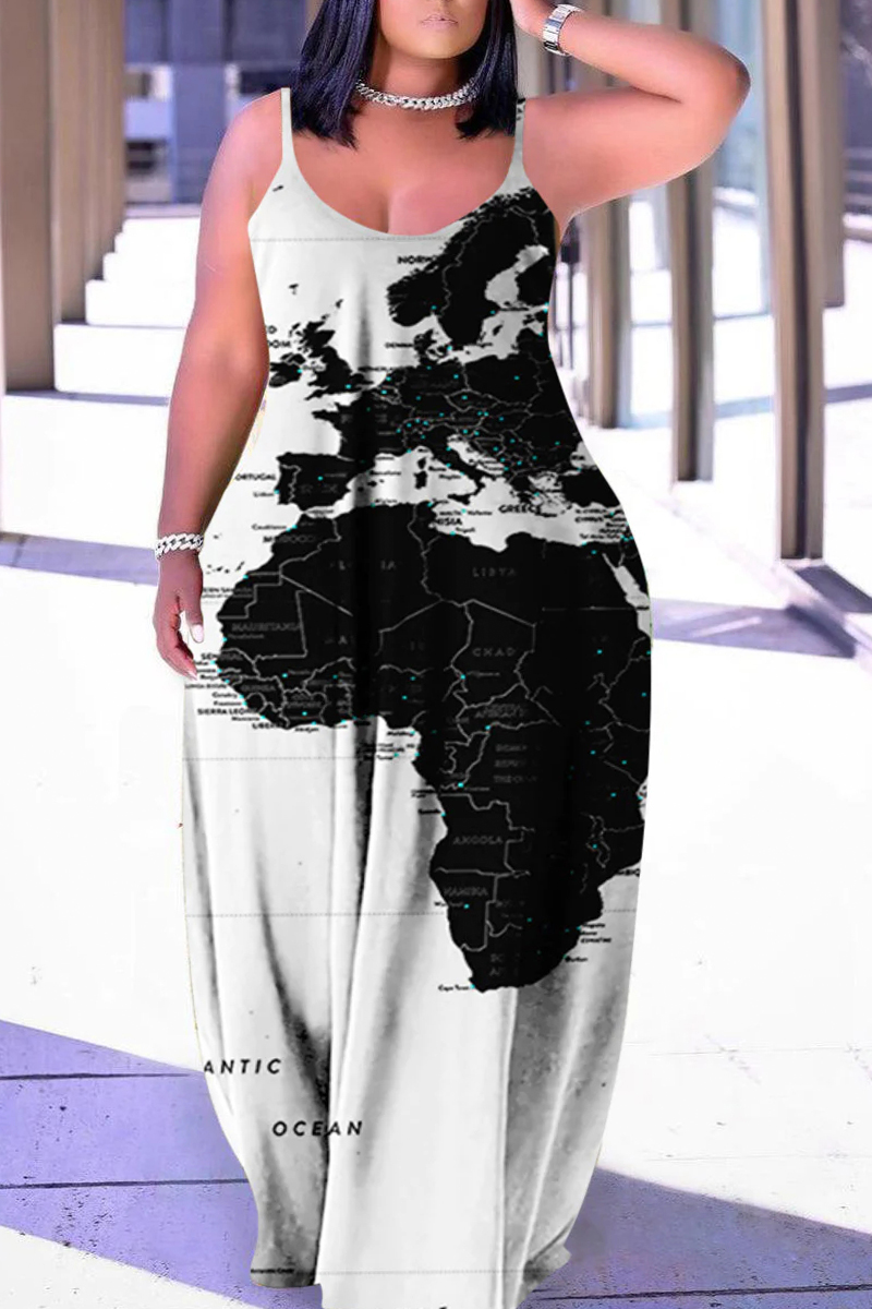 White Black Fashion Sexy Plus Size Casual Print Backless Spaghetti Strap Long Dress-CuChic