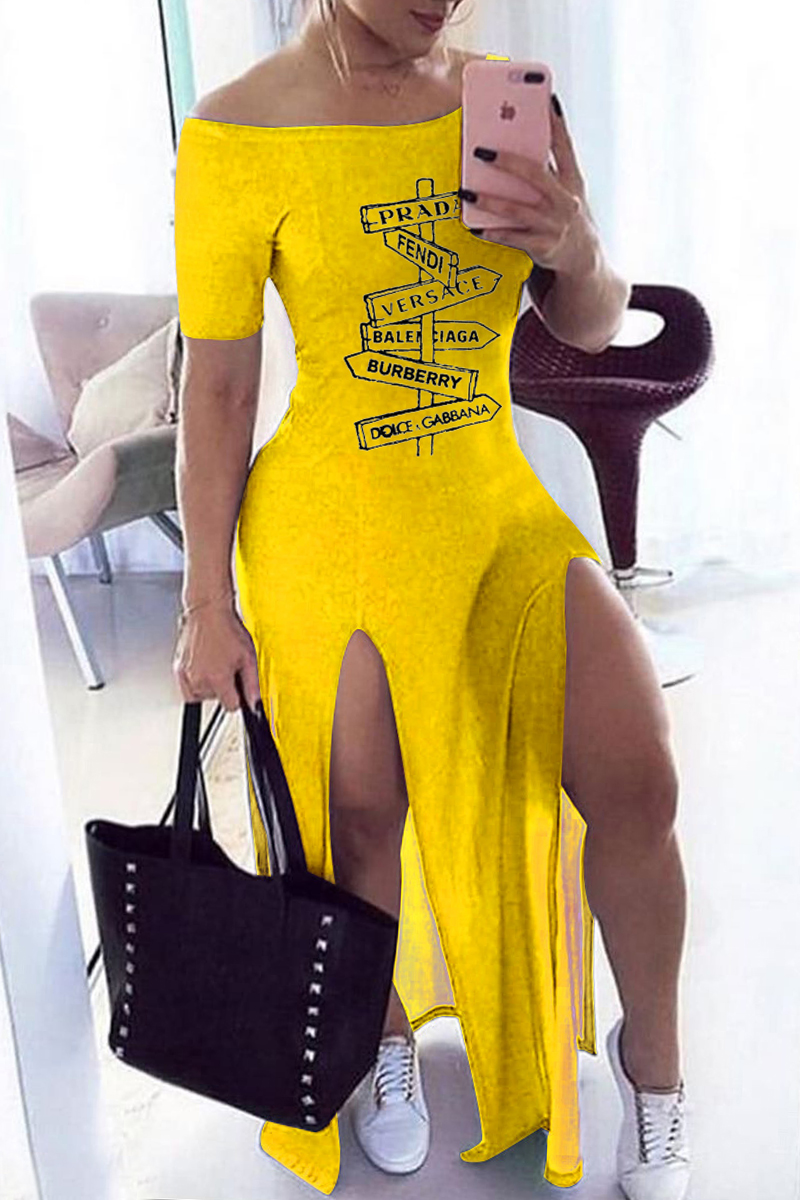 Yellow Fashion Casual Print Slit Off the Shoulder Short Sleeve Dress Dresses-CuChic