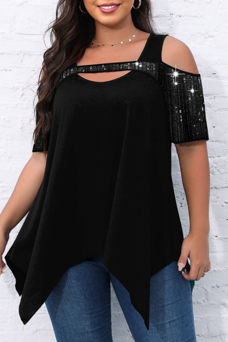 Black Casual Solid Hollowed Out Patchwork O Neck Plus Size Tops-CuChic