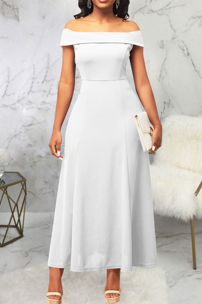 White Sexy Solid Patchwork Off the Shoulder Long Dress Dresses-CuChic