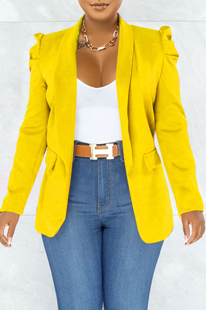 Yellow Fashion Casual Solid Patchwork Turn-back Collar Outerwear-CuChic