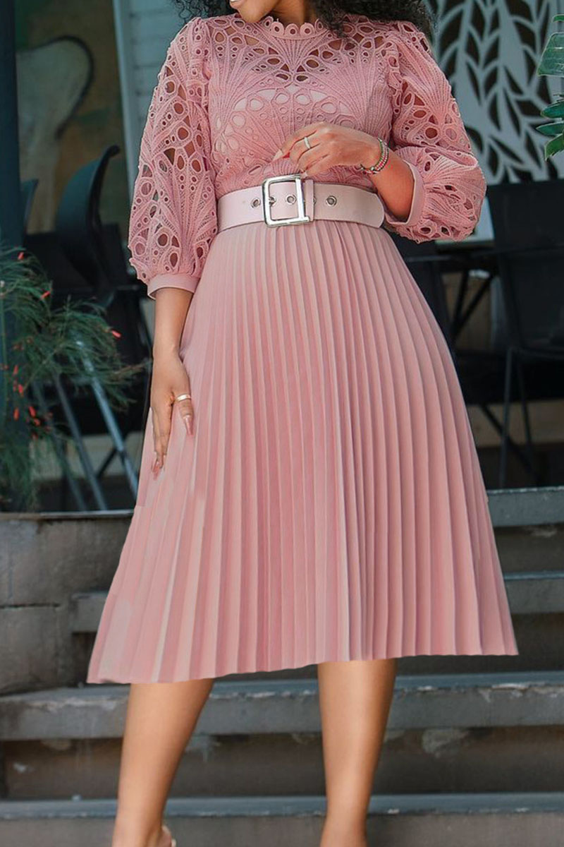 Pink Elegant Solid Hollowed Out Split Joint Fold O Neck Dresses(Without Belt)-CuChic